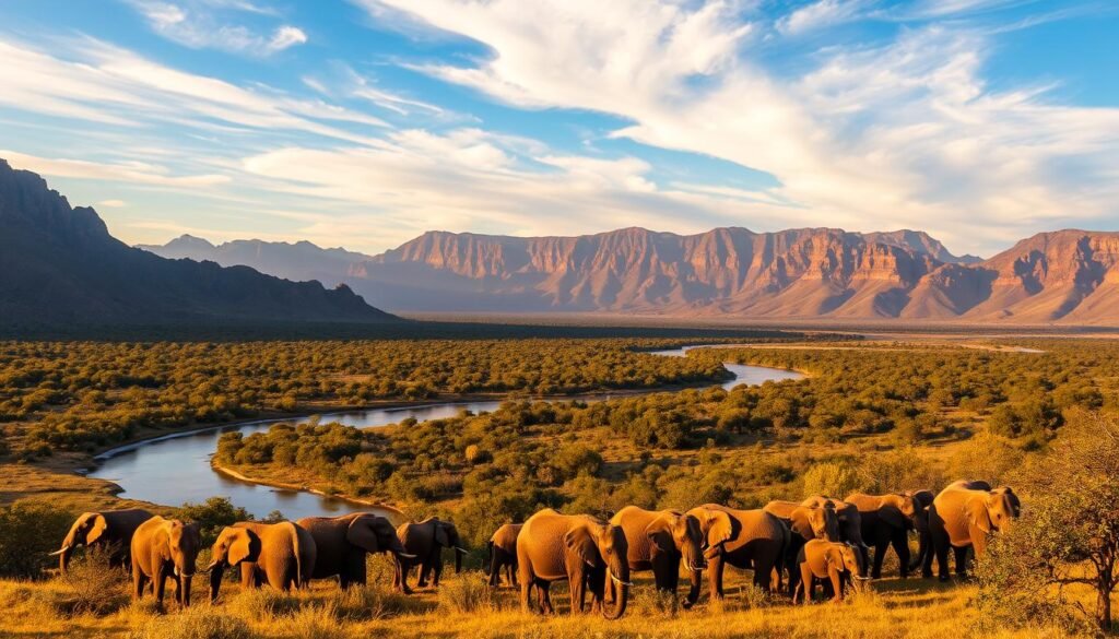 A breathtaking panoramic view of a South African national park, bathed in warm golden sunlight. In the foreground, a herd of majestic elephants graze peacefully, their trunks swaying. The middle ground features a winding river surrounded by lush, verdant foliage and towering, rugged mountains in the distance. Wispy clouds drift across a vibrant azure sky, casting soft shadows over the rugged, yet serene landscape. The scene exudes a sense of adventure, tranquility, and the raw, untamed beauty of the African wilderness.