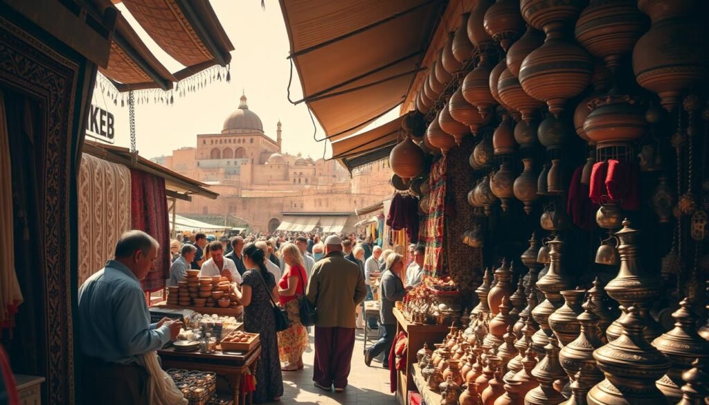 A bustling Moroccan marketplace, sun-dappled and vibrant. In the foreground, artisans showcasing their craft - intricate tapestries, clay pottery, and ornate metalwork. Vibrant colors and rich textures fill the scene. In the middle ground, locals haggling with shopkeepers, sharing tea and stories. The background frames a picturesque medina, with domed roofs and minarets reaching skyward. Warm, diffused lighting casts a golden glow, evoking the timeless essence of Moroccan culture. An intimate, immersive moment, inviting the viewer to step into this authentic cultural experience.