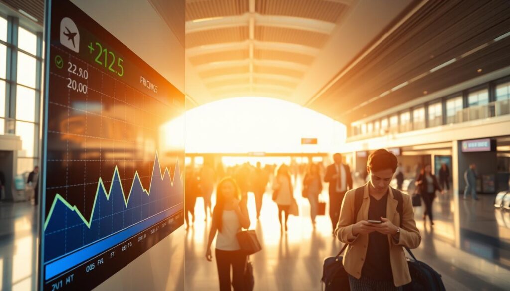 A bustling airport terminal, illuminated by warm, natural lighting that filters through large windows. In the foreground, a digital display showcases a dynamic pricing graph, its lines and curves fluctuating in real-time, reflecting the ever-changing airfare costs. In the middle ground, travelers hustle through the concourse, their expressions thoughtful as they navigate their mobile devices, searching for the best flight deals. The background features a sleek, modern architecture with clean lines and minimalist design, creating a sense of efficiency and technology-driven travel. The overall atmosphere conveys the complexity and fluidity of dynamic pricing strategies in the airline industry.