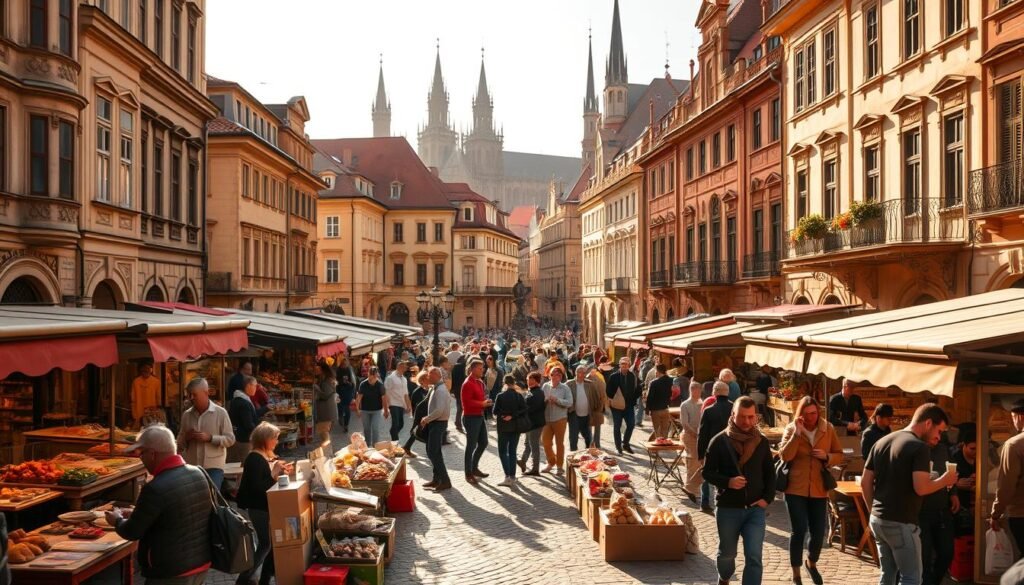 A bustling city square in the heart of Prague, bathed in warm, golden afternoon light. In the foreground, a lively outdoor market showcases an array of local delicacies and artisanal crafts, with vendors enthusiastically engaging with passersby. In the middle ground, a group of locals and tourists mingle, sampling regional cuisine and exploring hidden alleyways lined with charming cafes and boutiques. In the background, the iconic spires and ornate facades of historic buildings create a picturesque and atmospheric setting, conveying the rich cultural heritage of the city. The scene is infused with a sense of vibrant energy, inviting the viewer to immerse themselves in the authentic local experiences that Prague has to offer.