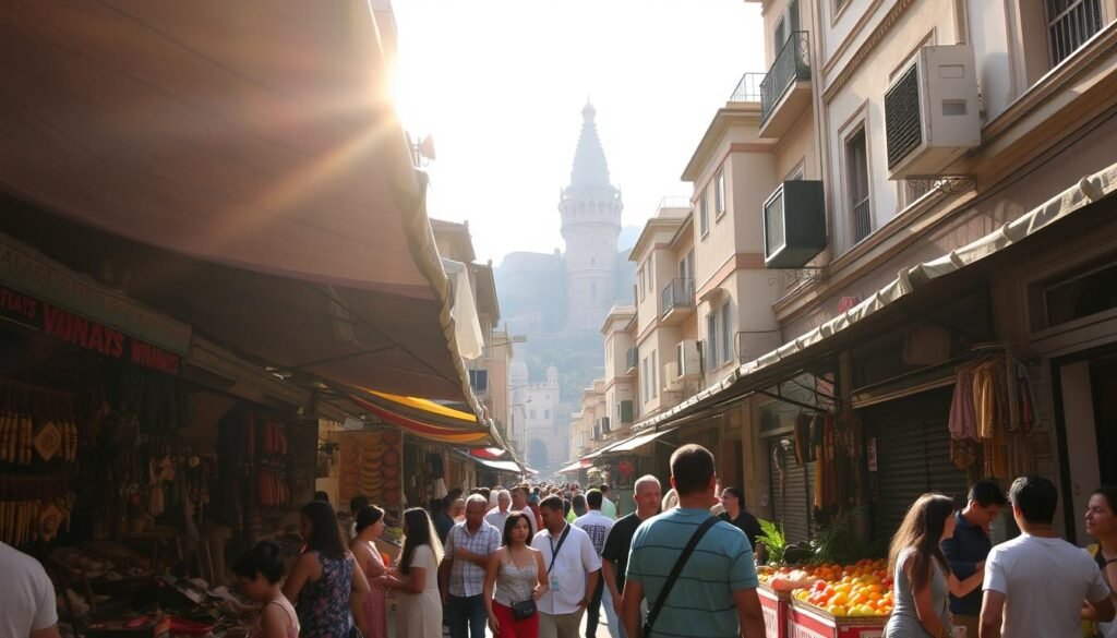 A bustling street market in a vibrant cultural hub, with local vendors offering handcrafted wares and fresh produce. Sunlight filters through the canopy of tarpaulin awnings, casting a warm, golden glow over the scene. In the foreground, a group of locals and curious travelers mingle, examining the unique trinkets and sampling regional delicacies. The middle ground reveals the architectural details of the surrounding buildings, showcasing the blend of traditional and modern elements that give the city its distinct character. In the background, a towering, centuries-old landmark stands as a testament to the region's rich history, providing a majestic backdrop to this authentic travel experience.