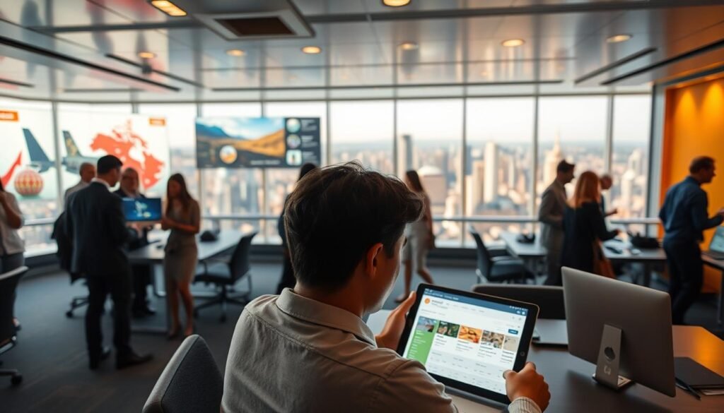 A busy, dynamic office setting with a sleek, modern aesthetic. In the foreground, a person sits at a desk, intently studying a tablet displaying a personalized travel itinerary. Warm, directional lighting illuminates the scene, casting subtle shadows and highlights. The middle ground features other employees collaborating, surrounded by digital displays showcasing various travel destinations and itinerary options. In the background, a large panoramic window offers a view of a vibrant cityscape, hinting at the global connectivity and possibilities enabled by the AI-powered itinerary planner. The overall atmosphere conveys efficiency, innovation, and the empowerment of the individual traveler through intelligent, personalized recommendations.