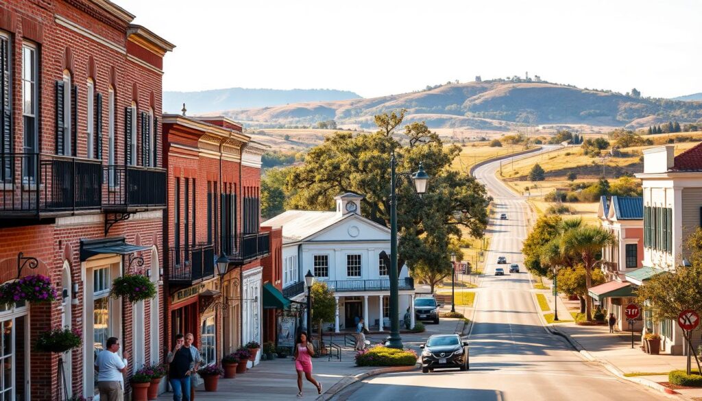 A charming Southern town nestled amidst rolling hills, bathed in warm golden light. In the foreground, a quaint main street lined with historic brick buildings, their storefronts adorned with wrought-iron balconies and lush hanging baskets. Pedestrians stroll leisurely, sipping sweet iced tea. In the middle ground, an old-fashioned town square, complete with a white-columned courthouse and a towering oak tree dripping with Spanish moss. In the background, a scenic winding road leading into the distance, hinting at the adventures that await beyond the town's borders. The overall mood is one of timeless Southern hospitality and a sense of unhurried tranquility, inviting the viewer to slow down and savor the charm.