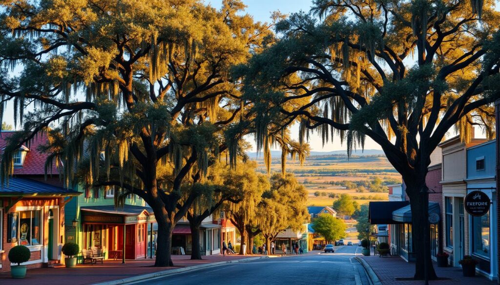 A charming collection of historic southern towns in Georgia, captured in a warm, inviting landscape. The foreground showcases the quaint main streets, with colorful storefronts and antique shops lining the brick-paved sidewalks. In the middle ground, towering live oak trees draped in Spanish moss create a picturesque canopy, casting soft, dappled light. The background features rolling hills and farmland, with a distant blue horizon. The scene is bathed in a golden, golden-hour glow, evoking a sense of timeless southern nostalgia. The overall atmosphere is one of tranquility, character, and unhurried Southern charm.