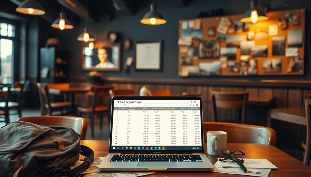 A cozy cafe interior, dimly lit with warm overhead lighting, wooden tables and chairs creating a rustic ambiance. In the foreground, a traveler's backpack, map, and travel documents are neatly arranged, hinting at the planning process. In the middle ground, a laptop display showcases a budgeting spreadsheet, with various costs and options highlighted. The background features a wall-mounted corkboard, adorned with inspirational travel photos and handwritten notes, guiding the viewer through the intricacies of budget travel planning.