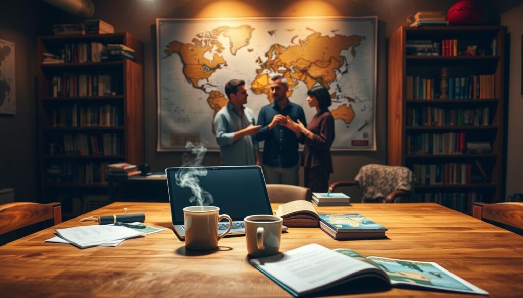 A cozy, dimly-lit room with a large wooden desk in the foreground. On the desk, a laptop, a mug of steaming coffee, and several travel guides and notes. Behind the desk, a large world map on the wall, with pushpins marking various destinations. In the middle ground, two people, likely local travel experts, engaged in a deep discussion, gesturing animatedly. The background features a bookshelf filled with guidebooks and travel memorabilia, creating a warm, intellectual atmosphere. Soft, directional lighting casts a golden glow, evoking a sense of expertise and insider knowledge.