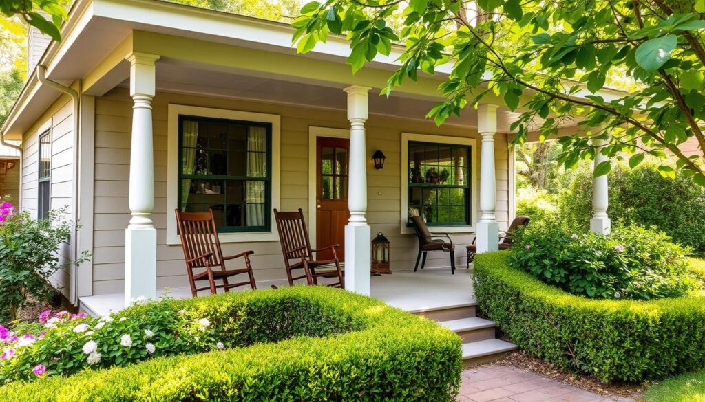 A cozy family vacation rental nestled amidst lush greenery, with a warm, inviting exterior and a spacious, well-appointed interior. The front porch features rocking chairs, inviting guests to relax and soak in the serene surroundings. The landscaping showcases vibrant flowers and neatly trimmed hedges, creating a picturesque setting. The home's neutral color palette and rustic accents evoke a homely, rustic charm. Soft, natural lighting filters through large windows, casting a comforting glow throughout the space. The scene exudes a sense of tranquility and comfort, perfectly capturing the essence of an affordable, yet comfortable family getaway.