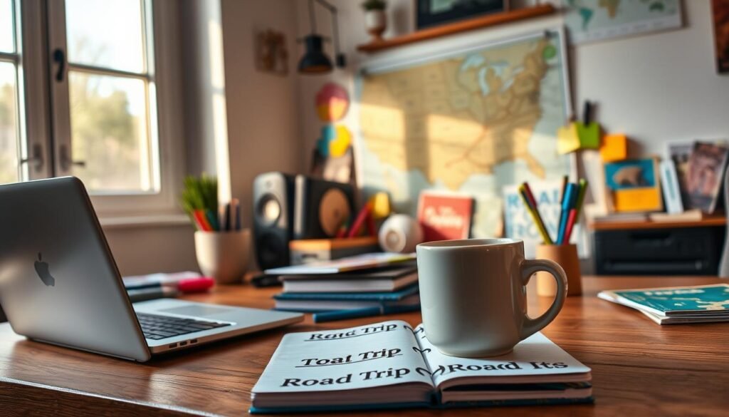 A cozy home office scene with an open laptop, a neatly organized desk, and various road trip planning materials. Warm, natural lighting filters through a large window, casting a soft glow over a wall map, travel guides, highlighters, and sticky notes. In the foreground, a mug of steaming coffee and a travel-themed notebook invite the viewer to immerse themselves in the process of crafting the perfect road trip itinerary. The atmosphere is one of focused productivity and excitement for the adventures to come.