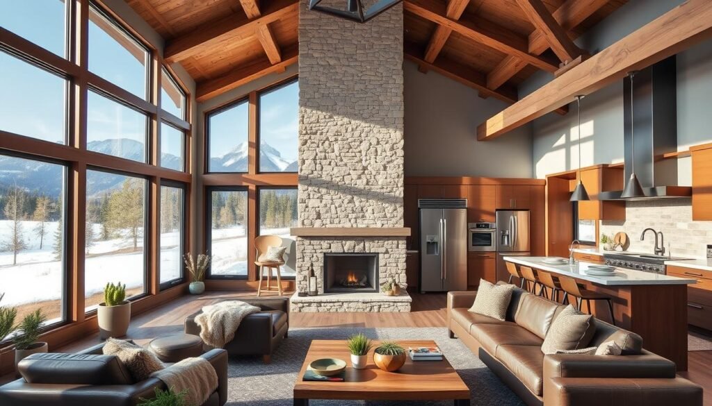 A cozy modern cabin interior with sleek, minimalist design elements. A large picture window frames a picturesque mountain vista, flooding the space with warm natural light. Plush leather armchairs and a modular sectional sofa surround a minimalist stone fireplace. Overhead, exposed wooden beams and a geometric light fixture create a rustic-chic ambiance. The kitchen features a stylish breakfast bar with barstools, stainless steel appliances, and a backsplash of natural stone tiles. Thoughtful details like potted plants, a fur throw, and a wooden coffee table give the space a refined, welcoming atmosphere perfect for a relaxing Montana cabin retreat.