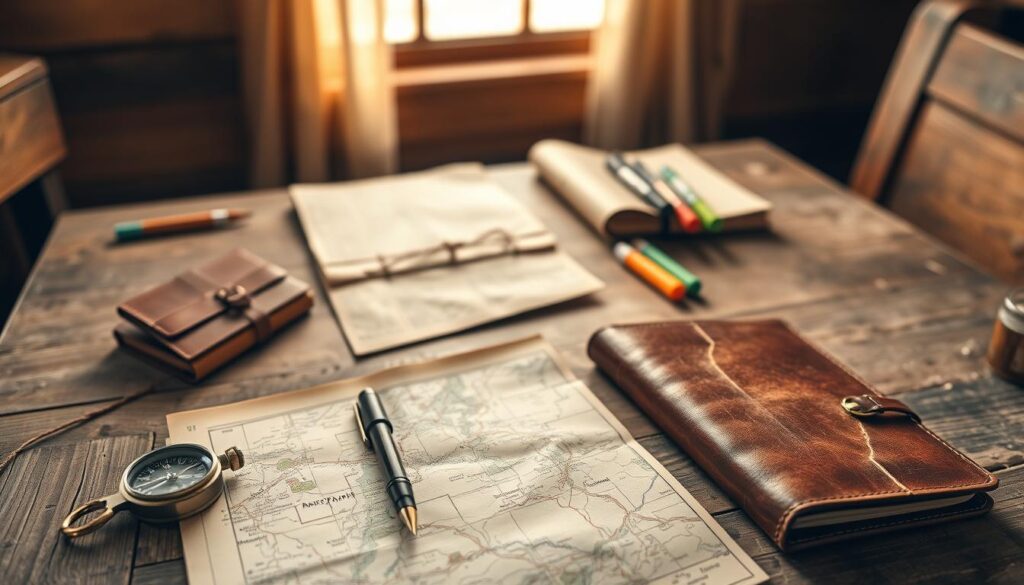 A cozy, rustic scene of vintage road trip planning tools scattered across a weathered wooden table. In the foreground, a retro map, a compass, and a trusty pen sit alongside a worn leather-bound journal. In the middle ground, a well-worn road atlas and a set of highlighters, conveying a sense of planning and exploration. In the background, a warm, golden light filters through the window, casting a nostalgic glow over the scene. The overall atmosphere evokes the timeless spirit of a classic New England road trip, ready to inspire and guide the adventurer.
