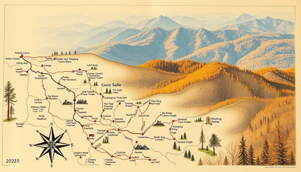 A detailed daily itinerary planning map for a Smoky Mountains road trip in 2025. Crisp, hand-drawn lines trace winding mountain roads and hiking trails, with icons denoting scenic overlooks, historic sites, and quaint mountain towns. In the foreground, a compass rose and mileage chart help navigate the journey. The middle ground features annotated daily routes, color-coded by day, with estimated travel times. In the background, a panoramic illustration of the Smoky Mountains looms, their majestic peaks and lush forests rendered in vivid detail. Warm, golden lighting casts a cozy, adventurous atmosphere over the entire scene.