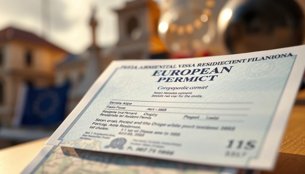 A detailed, high-resolution image of a European residence permit document, captured with a professional camera lens. The permit is displayed prominently in the foreground, with a soft, blurred background showcasing elements representative of European countries, such as architectural details, landscapes, or cultural symbols. The lighting is warm and natural, enhancing the sense of authenticity and official documentation. The overall composition and mood convey the significance and value of the European digital nomad visa as a viable alternative to the Digital Nomad Visa USA.