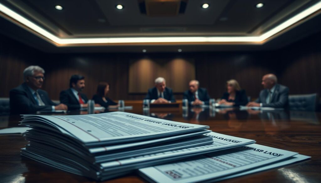A dimly lit conference room, the shadows cast by fluorescent lights on a polished oak table. In the foreground, a stack of official-looking documents - visa application forms, passports, diplomatic seals. In the middle ground, a panel of diplomats and government officials, brows furrowed in concentration as they discuss policy changes. The background is hazy, suggesting the uncertainty and complexity of international travel regulations. The mood is one of seriousness and gravity, as the fate of global mobility hangs in the balance.