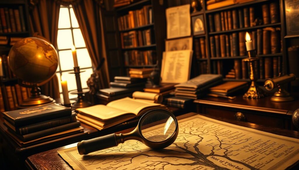 A dimly lit, sepia-toned study, illuminated by warm candlelight. Ancestral records - leather-bound tomes, parchment scrolls, and aged documents - are meticulously arranged on a mahogany desk. The room exudes an air of scholarly contemplation, with a large, ornate globe and a brass oil lamp casting a soft glow. In the foreground, an antique magnifying glass rests atop a yellowed family tree, hinting at the secrets and histories waiting to be uncovered. The overall atmosphere evokes a sense of reverence for the past and a desire to unravel the threads of one's heritage.