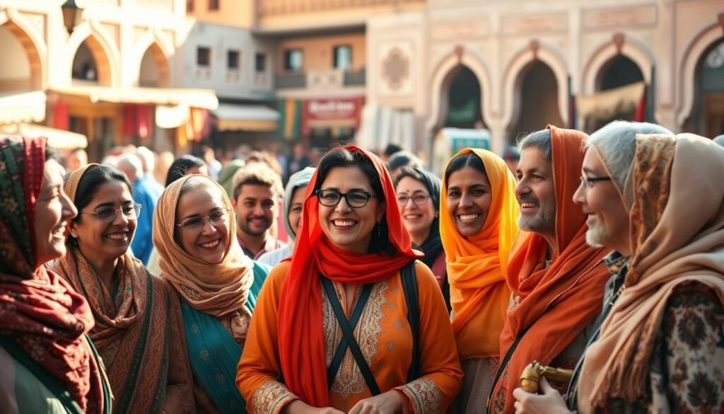 A diverse group of Moroccan local guides gathered in a bustling market square, their vibrant traditional attire and warm expressions capturing the essence of Moroccan culture. The scene is bathed in soft, golden light, casting a welcoming ambiance as the guides animatedly share their captivating stories and insider knowledge with a small group of intrigued travelers. In the background, the intricate architecture and bustling marketplace create a rich, immersive setting, inviting the viewer to imagine themselves embarking on a transformative cultural journey through the eyes of these knowledgeable local experts.
