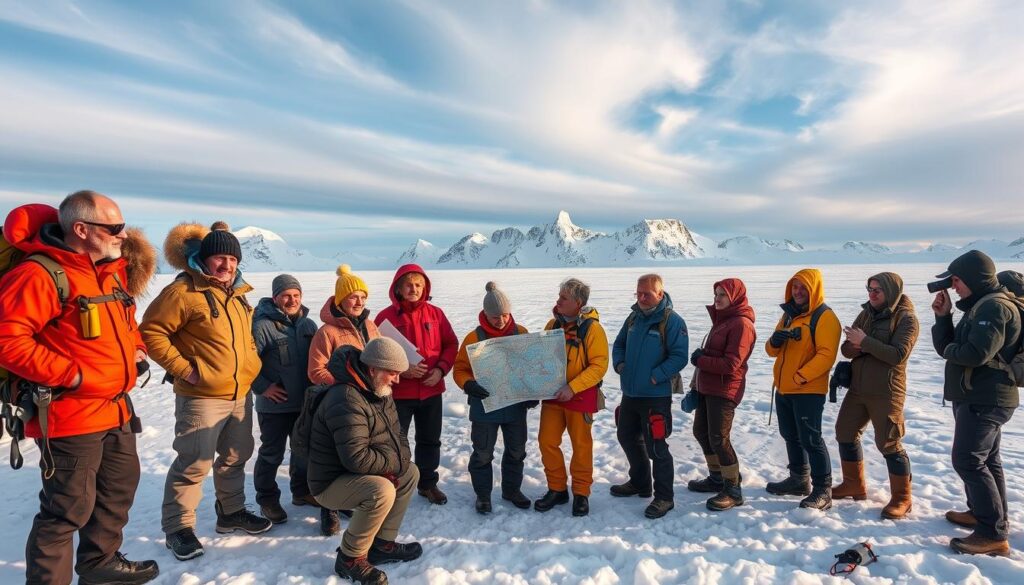 A diverse team of seasoned expedition leaders standing confidently on the snow-capped peaks of Antarctica, their rugged attire and weathered faces reflecting their expertise and adventurous spirit. In the foreground, a group of explorers huddle around a map, discussing their route and planning the day's excursion. The middle ground features a team of scientists and naturalists, engaged in lively conversation, their binoculars and notebooks at the ready. In the background, the vast, icy landscape stretches out, framed by dramatic mountains and a sky filled with wispy, ethereal clouds. The scene is illuminated by a warm, golden light, casting a sense of wonder and discovery over the entire expedition team.