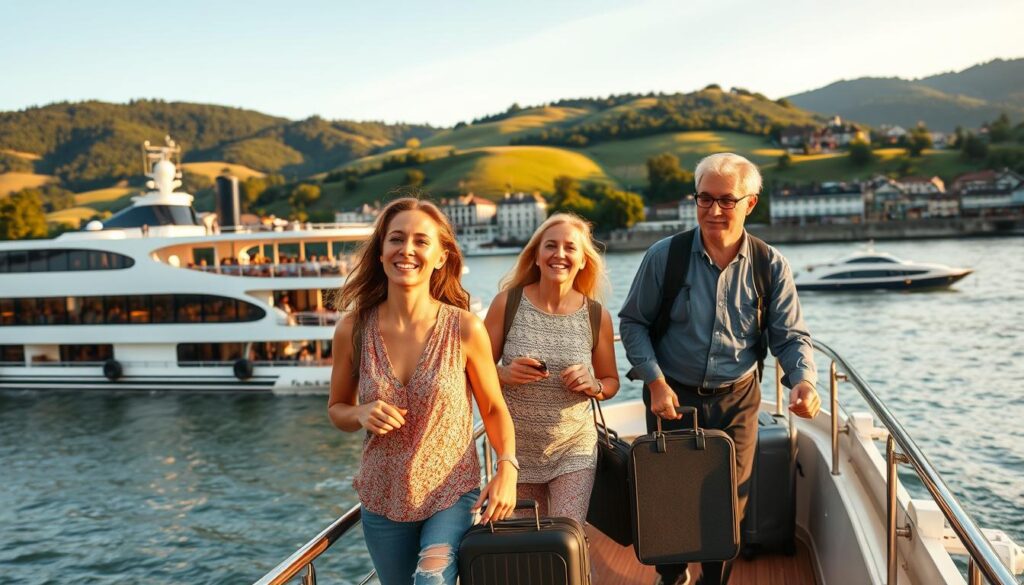 A family of four embarking on a luxurious river cruise, their faces alight with anticipation. In the foreground, a sleek, modern cruise ship glides across a tranquil waterway, its glass-enclosed decks reflecting the surrounding lush landscapes. The middle ground features a bustling dock, where uniformed crew members assist passengers with their luggage, while in the background, rolling hills and picturesque villages set the stage for a captivating multigenerational adventure. The scene is bathed in a warm, golden light, conveying a sense of relaxation and exploration.