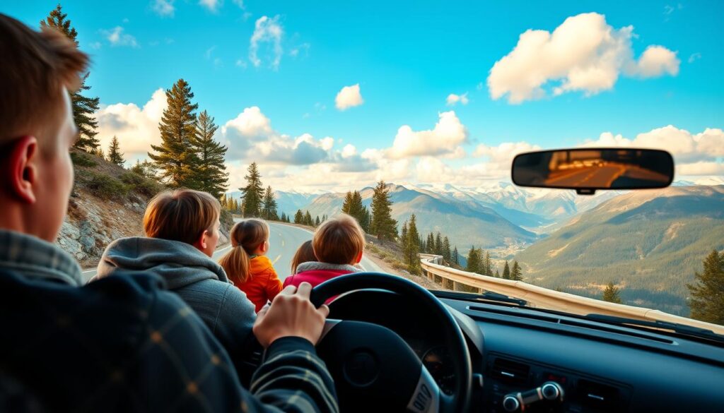 A family of four enjoying a scenic drive on a winding mountain road. In the foreground, the car's dashboard and steering wheel are visible, with the passengers' hands gripping the wheel. The middle ground features the breathtaking landscape, with towering pine trees and snow-capped peaks in the distance. The sky is a brilliant blue, with fluffy white clouds overhead, creating a warm, golden-hour lighting effect. The mood is one of tranquility, adventure, and shared family experiences on the open road.