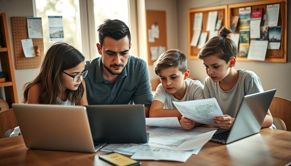 A family of four gathers around a table, poring over travel documents and laptop screens. The mother, father, and two children, a boy and a girl, lean in intently, brows furrowed as they plan their summer road trip. Warm, natural lighting filters through the large windows, casting a soft glow on their faces. In the background, a corkboard displays pinned maps, bus schedules, and hotel flyers, hinting at the careful organization behind their budgeted adventure. The overall scene conveys a sense of collaborative planning, excitement, and the anticipation of memorable family travel experiences.