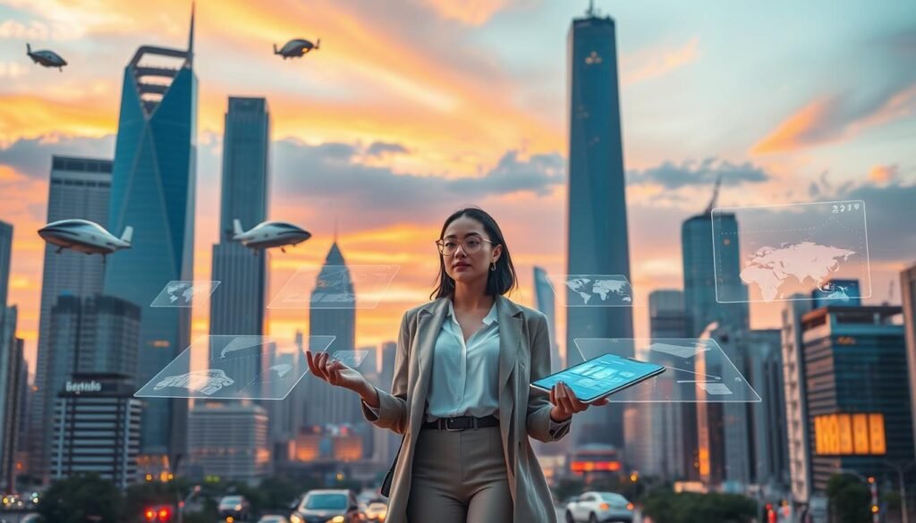 A futuristic cityscape in 2025, with skyscrapers and hovering autonomous vehicles against a vibrant sunset sky. In the foreground, a stylish woman stands amid floating holographic interfaces, effortlessly planning her trip with an AI-powered itinerary planner. The scene exudes a sense of technological sophistication and seamless travel experience, highlighting the benefits of AI-driven travel planning for the modern adventurer.