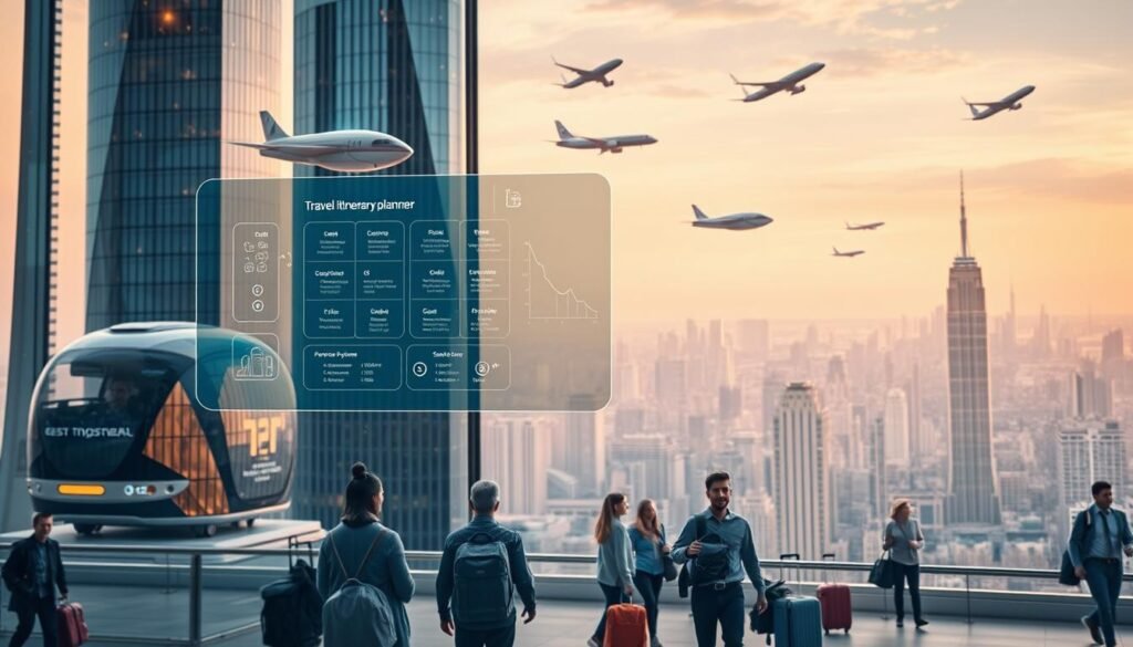 A futuristic cityscape with gleaming skyscrapers and floating transport pods zipping through the air. In the foreground, a holographic display showcases an AI-powered travel itinerary planner, its intuitive interface guiding a user through seamless trip planning. The middle ground features a diverse array of travelers, their luggage equipped with smart tags and digital assistants. In the background, a panoramic view of the city's skyline, bathed in a warm, neon-tinged glow that evokes a sense of technological progress and innovation. The scene captures the vision of travel planning enhanced by artificial intelligence, creating a streamlined, personalized, and efficient future for the modern explorer.