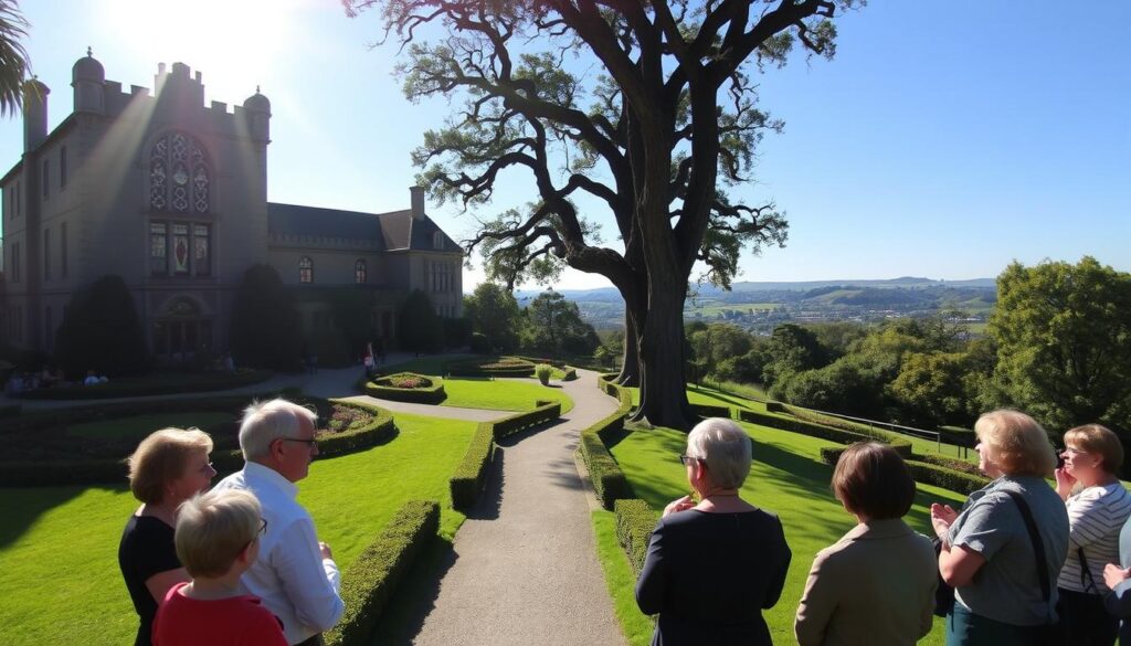 A grand, historic mansion stands tall amidst a lush, meticulously manicured garden. Sunlight filters through ornate stained-glass windows, casting a warm, inviting glow over the scene. In the foreground, a group of guests listens intently as a tour guide recounts the property's storied past, their expressions one of rapt attention. The middle ground features a winding path leading visitors through the grounds, flanked by towering oak trees and neatly trimmed hedges. In the distance, a sweeping vista of rolling hills and a clear blue sky completes the picturesque setting, transporting the viewer to a bygone era of elegance and grandeur.
