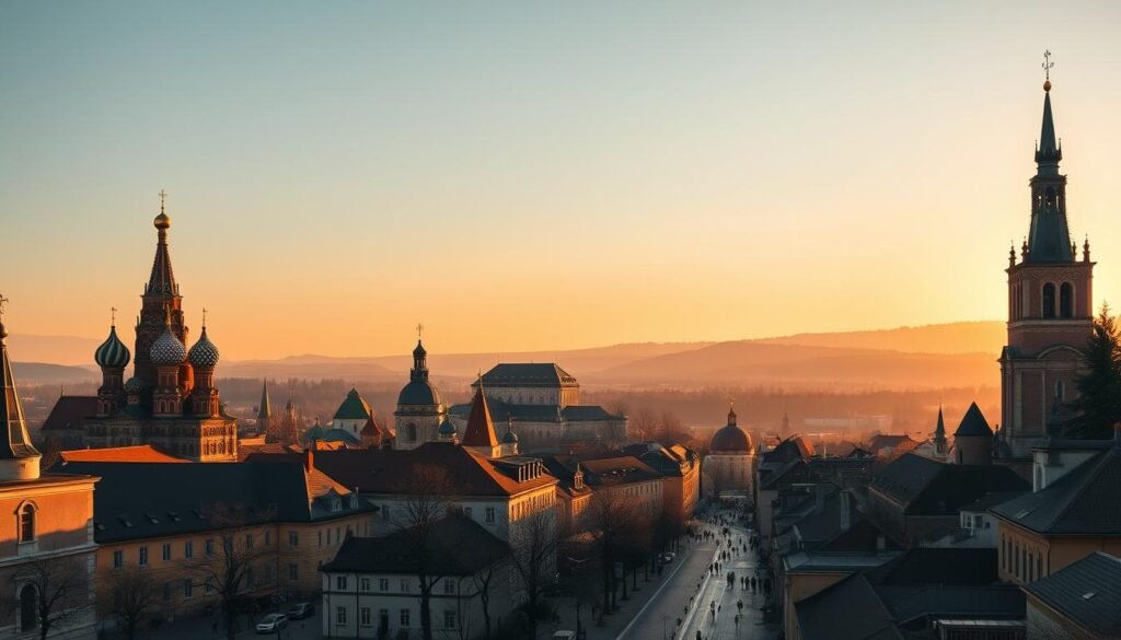 A grand panoramic scene of iconic Eastern European landmarks bathed in soft, golden hour light. In the foreground, the stately silhouettes of onion-domed cathedrals and medieval castles rise against a vibrant, cloudless sky. In the middle ground, cobblestone streets wind through charming, historic city centers, bustling with locals and tourists. In the distance, rolling hills and dense forests frame the breathtaking vistas. The overall mood is one of timeless elegance and wonder, inviting the viewer to explore the captivating blend of old and new that defines the allure of Emerging Europe.