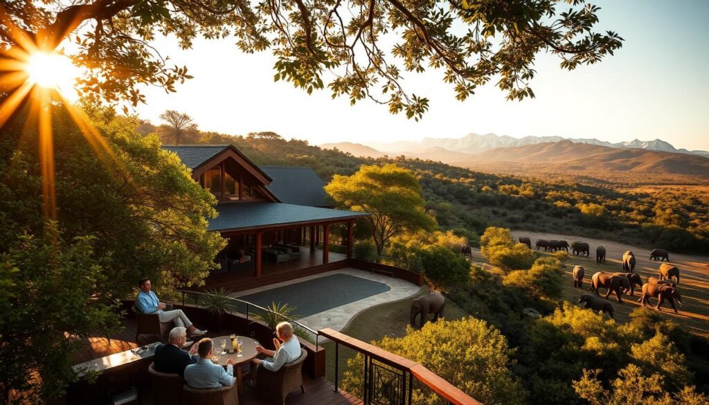 A lavish safari lodge nestled amidst the lush, verdant hills of South Africa's Kruger National Park. Warm, golden light filters through the canopy of indigenous trees, casting a serene glow over the expansive outdoor terrace. In the foreground, a group of well-heeled guests sip chilled cocktails, enjoying a moment of tranquility while a herd of grazing elephants meanders in the distance. The middle ground showcases the elegant, timber-framed lodge, its modern yet rustic design seamlessly blending with the surrounding natural landscape. In the background, the silhouettes of majestic, snow-capped mountains loom, creating a breathtaking and exclusive backdrop for this luxurious South African escape.