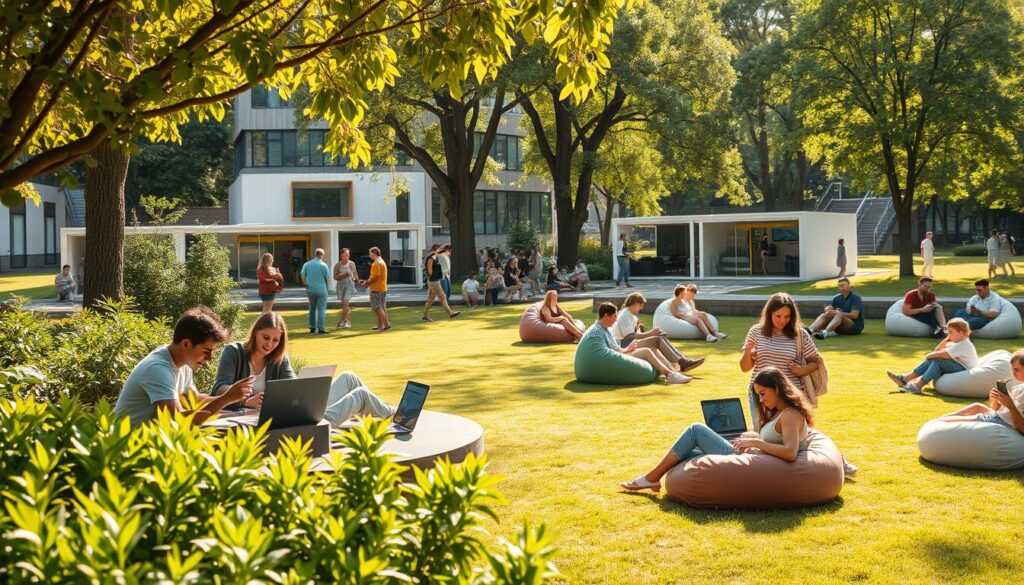 A lush, sun-dappled park on a warm summer day, with people gathered around vibrant outdoor WiFi hubs, their laptops and smartphones in hand, tapping into seamless high-speed connectivity. In the foreground, a group of young professionals collaborating at a stylish open-air work station, surrounded by thriving greenery and the faint hum of conversation. In the middle ground, families and students relax on plush beanbags, immersed in their digital tasks against a backdrop of modern architectural structures housing the latest remote work amenities. The scene is bathed in a soft, golden light, creating an atmosphere of productivity, community, and carefree summer bliss.
