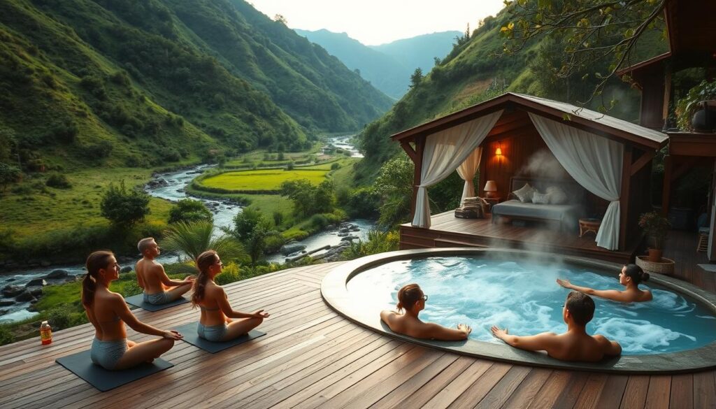 A lush, tranquil retreat nestled in a secluded valley, surrounded by verdant hills and a meandering stream. In the foreground, a group of guests engage in a restorative yoga session on a wooden deck, bathed in soft, warm lighting. In the middle ground, a luxurious cabana offers a cozy respite, its open-air design allowing a gentle breeze to flow through. The background showcases a natural hot spring, steam rising gently as guests soak in the therapeutic waters, their faces serene and content. The overall atmosphere evokes a sense of harmony, rejuvenation, and immersion in the beauty of the natural world.