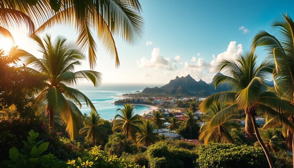 A lush tropical paradise, two idyllic Caribbean islands side by side. In the foreground, swaying palm trees and vibrant foliage frame a breathtaking coastal vista. The crystal-clear turquoise waters of St. Lucia's famous beaches glisten under the warm golden sun, while Aruba's iconic white sand and swaying divi-divi trees stand in contrast. In the middle ground, charming seaside towns and villages dot the landscape, their colorful colonial-style architecture reflecting in the tranquil waters. In the distance, rugged volcanic peaks rise majestically, casting dramatic shadows over the tranquil scene. The overall mood is one of relaxation, adventure, and the perfect balance of natural beauty and modern comforts, inviting the viewer to explore and discover the unique charms of these two Caribbean gems.