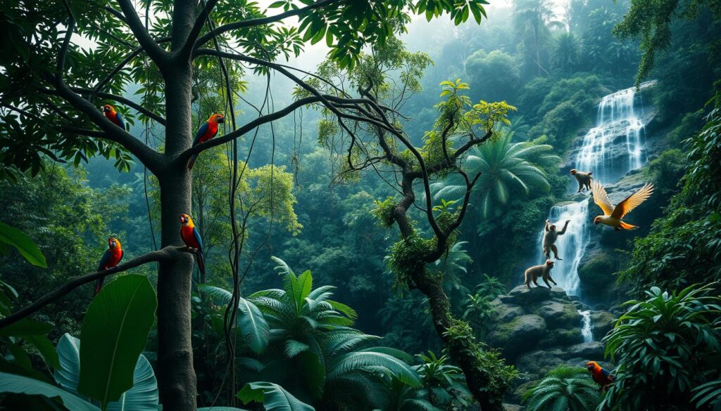 A lush, verdant rainforest scene teeming with vibrant wildlife. In the foreground, a group of colorful tropical birds perched on the branches of a towering canopy tree, their feathers shimmering in the soft, diffused sunlight filtering through the leaves. In the middle ground, a family of agile tree-dwelling monkeys swinging gracefully between the thick vines and foliage. In the distance, a cascading waterfall tumbles over mossy rocks, its soothing sounds blending with the chirps and calls of unseen creatures. The entire composition exudes a sense of tranquility and wonder, inviting the viewer to immerse themselves in the serene, untamed beauty of the rainforest ecosystem.