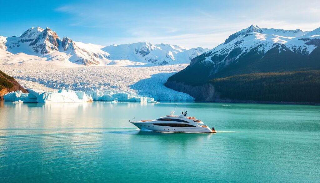 A majestic Juneau glacier cruise glides across a serene, turquoise-hued expanse, surrounded by the towering, snow-capped peaks of the Juneau Icefield. Shimmering ice formations and calving glaciers reflect the warm, golden light of the afternoon sun, creating a breathtaking display of natural wonder. The vessel's sleek, modern design cuts gracefully through the calm waters, offering passengers a front-row seat to this awe-inspiring landscape. Rugged, jagged rock faces and dense, evergreen forests rise up in the distance, completing the picturesque scene and immersing visitors in the untamed beauty of Alaska's wilderness.