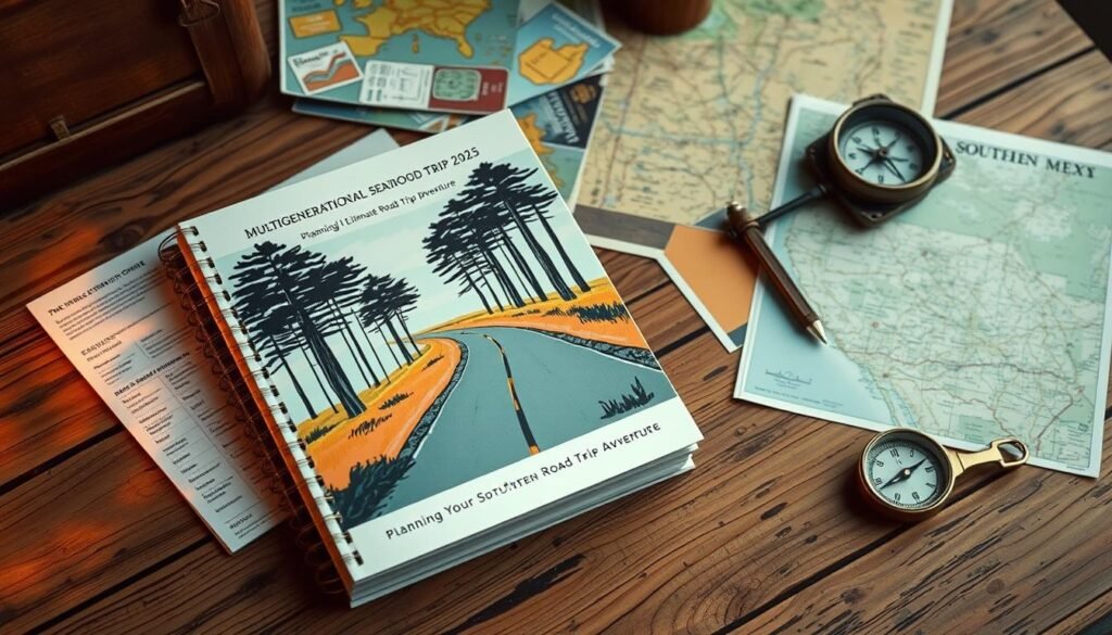 A meticulously crafted road trip planning guide sits atop a weathered wooden table, surrounded by a collection of maps, travel brochures, and a vintage compass. The guide's cover features a striking illustration of a winding country road flanked by towering pine trees, hinting at the southern adventure to come. Soft, warm lighting casts a cozy glow, creating an inviting atmosphere for planning the ultimate family road trip. The scene exudes a sense of anticipation and exploration, capturing the spirit of the "Multigenerational Southern Road Trip 2025: Family Fun on the Road" article and its "Planning Your Southern Road Trip Adventure" section.