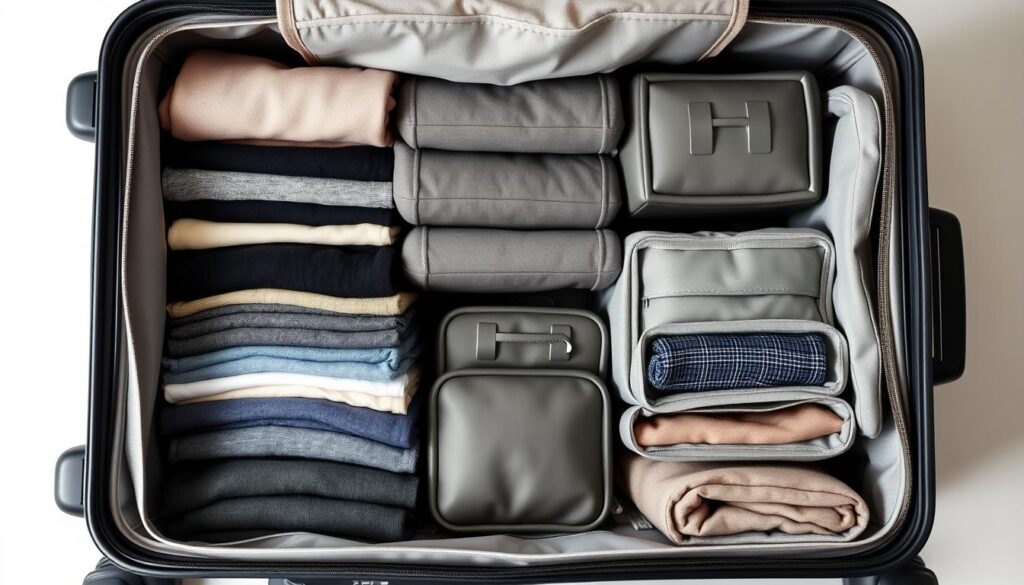 A meticulously organized luggage interior, showcasing ingenious space-saving packing techniques. In the foreground, neatly folded garments are stacked and compressed, maximizing every inch of available space. The middle ground features a variety of compact, modular containers and organizers, strategically placed to optimize storage. In the background, a sleek, minimalist suitcase frame provides the foundation, its clean lines and muted tones complementing the overall aesthetic. Soft, diffused lighting from above illuminates the scene, highlighting the thoughtful design and attention to detail. The resulting image conveys a sense of efficiency, organization, and the confidence of a savvy traveler.