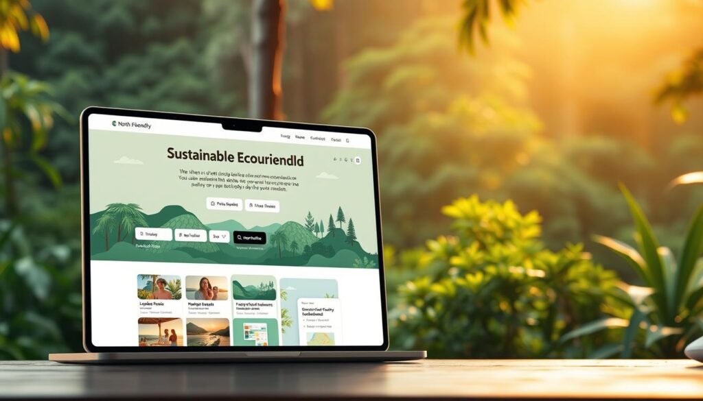 A modern, eco-friendly travel platform set against the lush, verdant backdrop of North Queensland, Australia. In the foreground, a sleek, minimalist website interface showcases sustainable accommodation options, curated experiences, and a user-friendly booking system. The middle ground features a stylized illustration of the diverse regional landscapes, from tropical rainforests to pristine beaches, hinting at the platform's focus on showcasing the natural wonders of the area. The background is bathed in a warm, golden light, creating a tranquil, inviting atmosphere that evokes a sense of eco-conscious exploration and relaxation. The overall composition conveys a vision of responsible, immersive travel that celebrates the region's environmental sustainability.
