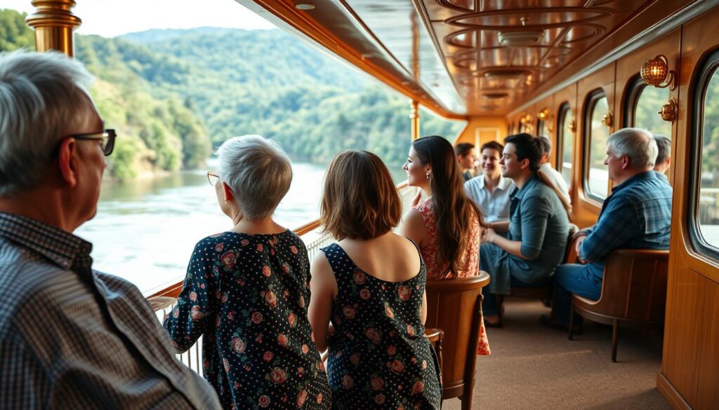 A multigenerational family enjoying a river cruise experience. In the foreground, a grandparent and grandchild sit together on the ship's deck, gazing out at the tranquil waterway surrounded by lush, verdant riverbanks. In the middle ground, parents and teenagers engage in lively conversation, savoring the scenic views. The background showcases the elegant, vintage-inspired design of the riverboat, with its gleaming brass fixtures and panoramic windows offering a panoramic vista of the passing landscape. The lighting is soft and warm, creating a cozy, intimate atmosphere as the family bonds over this shared adventure. Captured with a wide-angle lens to emphasize the sense of togetherness and exploration.