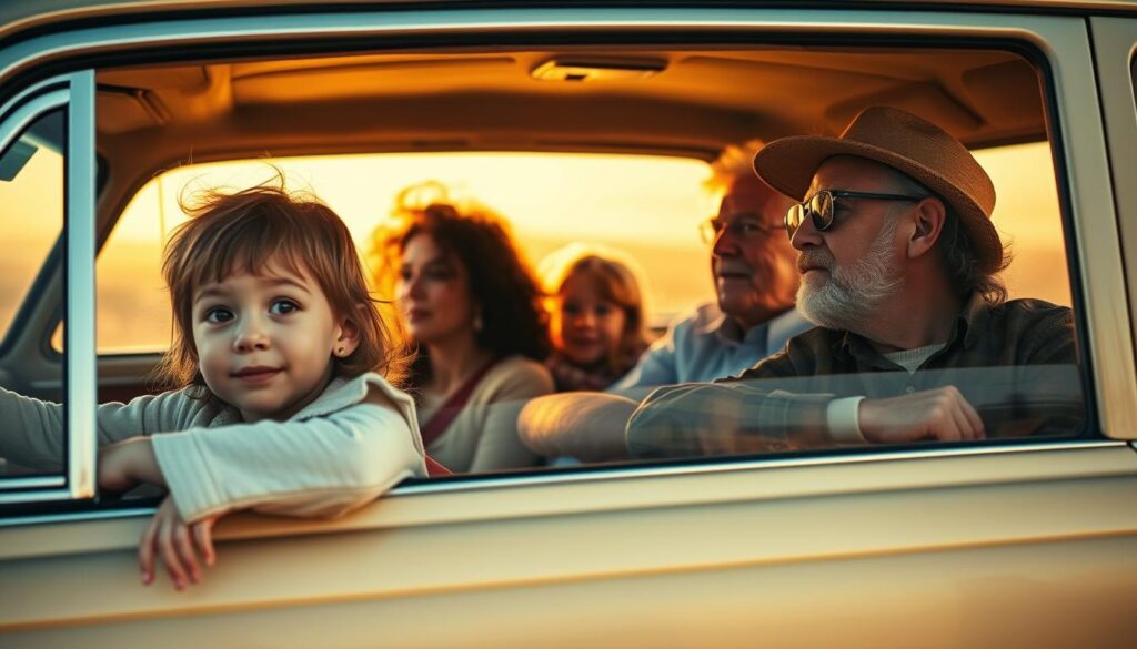 A multigenerational family exploring the open road in a vintage station wagon, with grandparents, parents, and children enjoying the journey together. The scene is bathed in warm, golden light filtering through the car's windows, casting a nostalgic glow on their faces as they take in the passing landscapes. In the foreground, a child peers out the window, eyes wide with wonder, while the parents and grandparents share a comfortable silence, lost in their own thoughts and the tranquility of the moment. The background is hazy, evoking a sense of timelessness and the endless possibilities of the open road ahead.