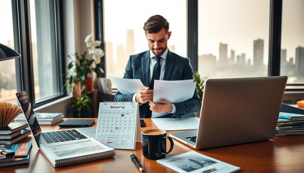 A neatly organized office space, bathed in warm, natural lighting from large windows. On the desk, a laptop and a calendar prominently displaying "Bleisure Trip" notes, surrounded by travel guides, a smartwatch, and a mug of steaming coffee. In the middle ground, a well-dressed professional reviews documents, their expression one of focused, strategic planning. The background features cityscape silhouettes, hinting at an upcoming urban adventure. The overall mood is one of productive efficiency, balancing work and leisure for a successful bleisure experience.