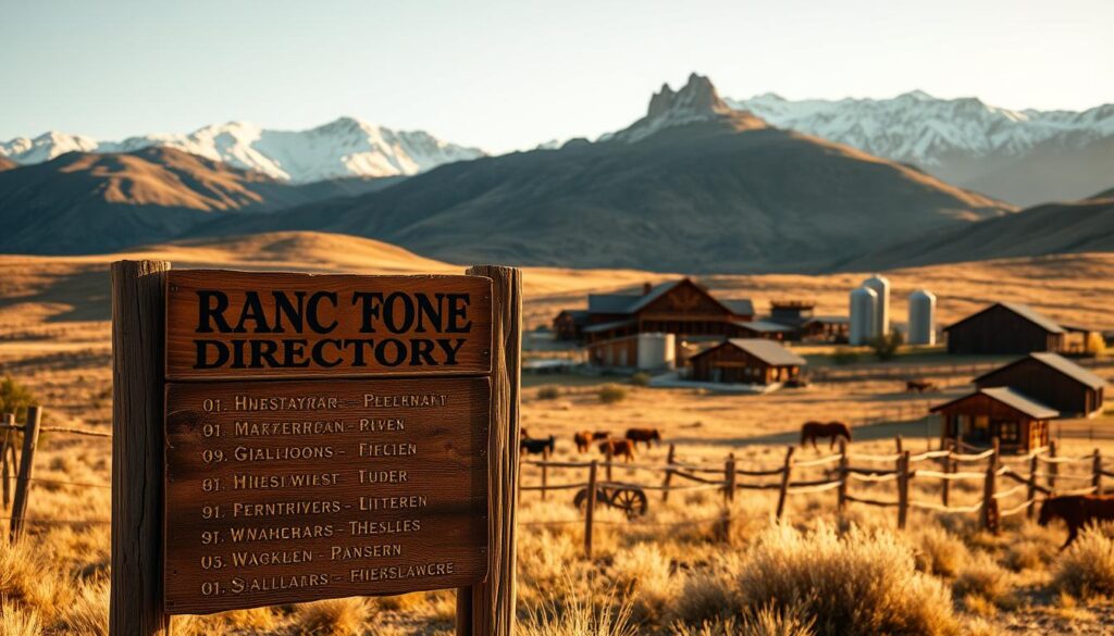 A rustic western-style ranch directory set against a mountainous landscape. In the foreground, a weathered wooden sign displays the directory listings in hand-painted letters. Behind it, a sprawling ranch complex nestled among rolling hills, with wooden fences, barns, and silos. The scene is bathed in warm, golden afternoon light, casting long shadows. In the distance, rugged snow-capped peaks loom. The overall mood is one of adventure, authenticity, and the timeless allure of the American West.