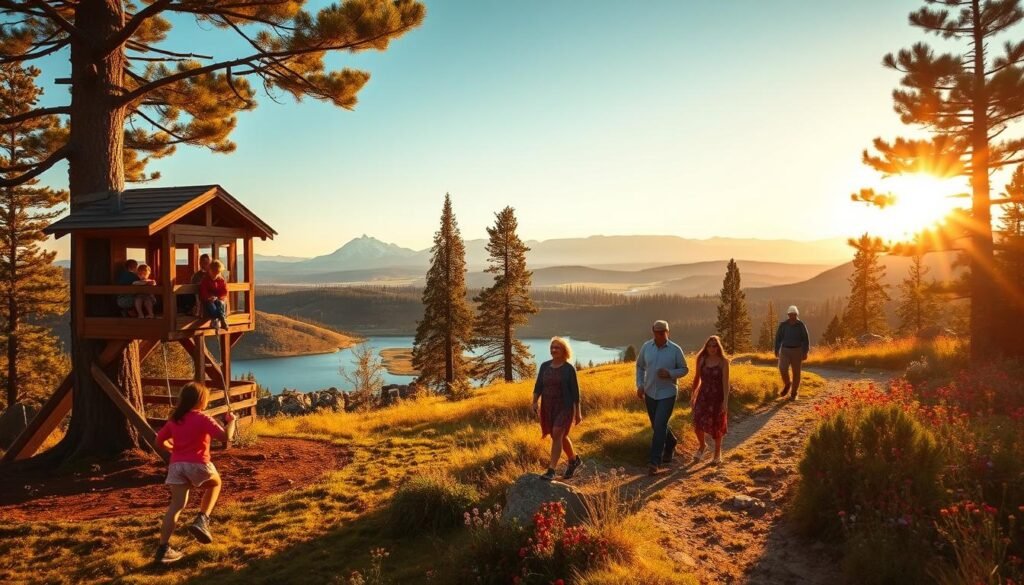 A scenic outdoor landscape with a family enjoying a variety of recreational activities. In the foreground, children play on a swing set and explore a wooden treehouse. In the middle ground, parents and grandparents hike along a winding trail, taking in the breathtaking views of rolling hills, a glistening lake, and a backdrop of majestic mountains. The scene is bathed in warm, golden sunlight, creating a cozy, inviting atmosphere. Tall, lush trees and vibrant wildflowers surround the family, immersing them in the natural beauty of the Montana wilderness. The overall mood is one of adventure, relaxation, and quality time spent together.