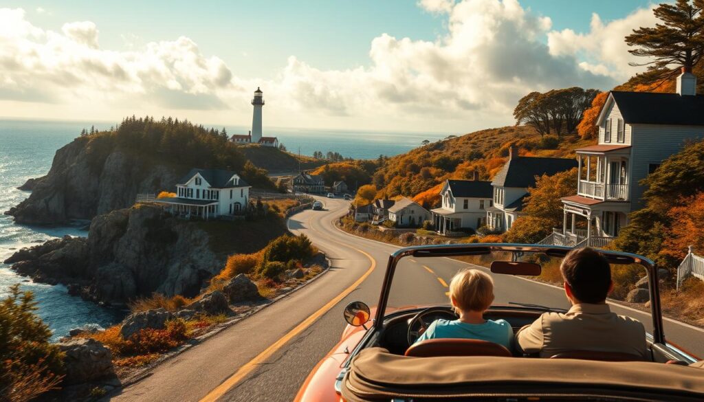 A scenic, sun-dappled New England coastal highway, winding through rugged cliffs and lush foliage. In the foreground, a vintage convertible car cruises along, its occupants gazing out at the breathtaking ocean vistas. The middle ground features quaint seaside towns with charming colonial architecture, their colorful storefronts beckoning travelers. In the background, towering lighthouses and rolling hills dotted with autumn foliage create a nostalgic, timeless atmosphere. Warm, golden lighting filters through wispy clouds, evoking a sense of tranquility and adventure. The overall composition conveys the essence of a quintessential New England road trip, inspiring viewers to embark on their own coastal exploration.