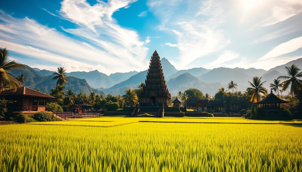 A serene Balinese landscape unfolds, bathed in warm, golden light. In the foreground, a tranquil rice paddy stretches out, its lush, verdant terraces dotted with traditional thatched-roof huts. In the middle ground, a sacred Hindu temple stands, its ornate, intricately carved architecture rising majestically against a backdrop of towering, jungle-clad mountains. Wispy clouds drift across a vibrant, azure sky, and the air is thick with the fragrance of tropical flowers. This captivating scene captures the essence of Bali's rich cultural heritage and natural beauty, inviting the viewer to explore and immerse themselves in the island's enchanting wonders.