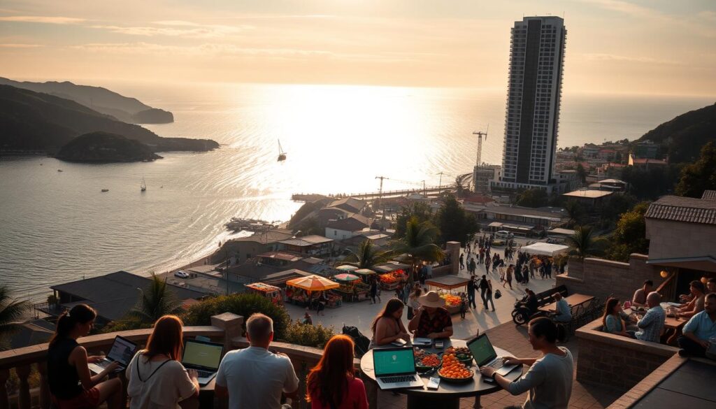 A serene coastal town nestled between rolling hills and a vast, shimmering ocean. In the foreground, a group of digital nomads gather around a shared workspace, laptops open and faces illuminated by the warm glow of their screens. The middle ground features a bustling market square, vendors selling local produce and artisanal goods, as residents and travelers mingle. In the background, a towering, modern high-rise stands, its sleek glass façade reflecting the sun's rays. The scene conveys a balance of cost-effective living, reliable high-speed connectivity, and the allure of natural beauty - the perfect recipe for a thriving remote work destination.