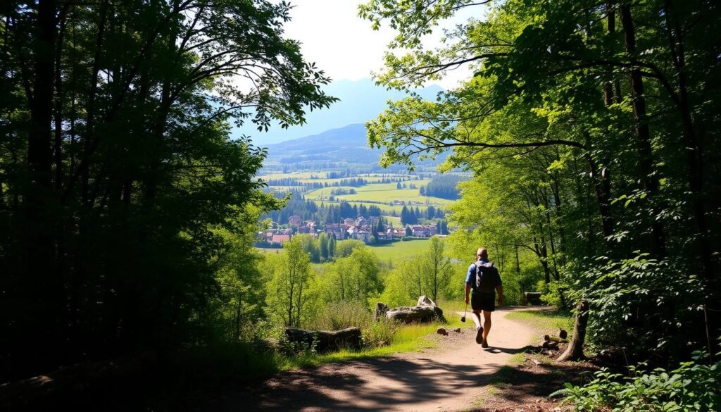 A serene forest path winding through lush foliage, sunlight filtering through the canopy, casting a warm glow. In the foreground, a lone hiker navigates the trail, backpack in hand, escaping the bustling crowds. The middle ground reveals a picturesque countryside landscape, rolling hills and quaint villages in the distance, a tranquil alternative to the busy city. The background showcases majestic mountains, their peaks capped with snow, creating a sense of peaceful isolation. The overall scene conveys a mood of tranquility, adventure, and the benefits of opting for less crowded, off-the-beaten-path destinations.