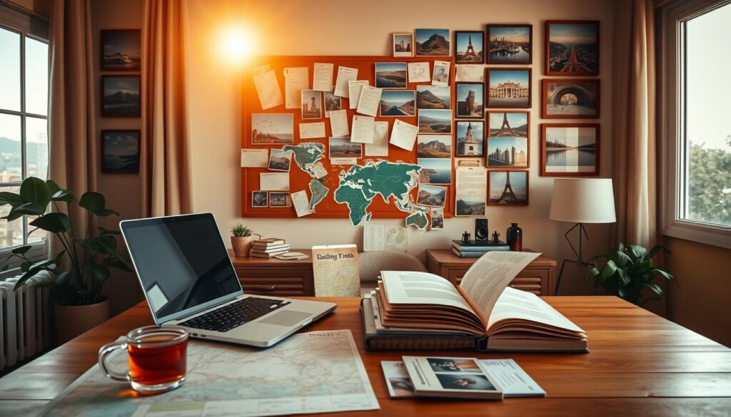 A serene home office with an open laptop, surrounded by a collage of travel destinations and itinerary notes. Warm natural lighting filters through large windows, casting a soft, dreamlike glow. In the foreground, a wooden desk holds a map, guidebooks, and a cup of aromatic tea. The middle ground features a corkboard adorned with airline tickets, postcards, and handwritten travel plans. The background showcases a gallery wall filled with framed photographs of breathtaking landscapes, cityscapes, and cultural landmarks. An atmosphere of tranquility and anticipation permeates the scene, capturing the essence of personalized trip planning.
