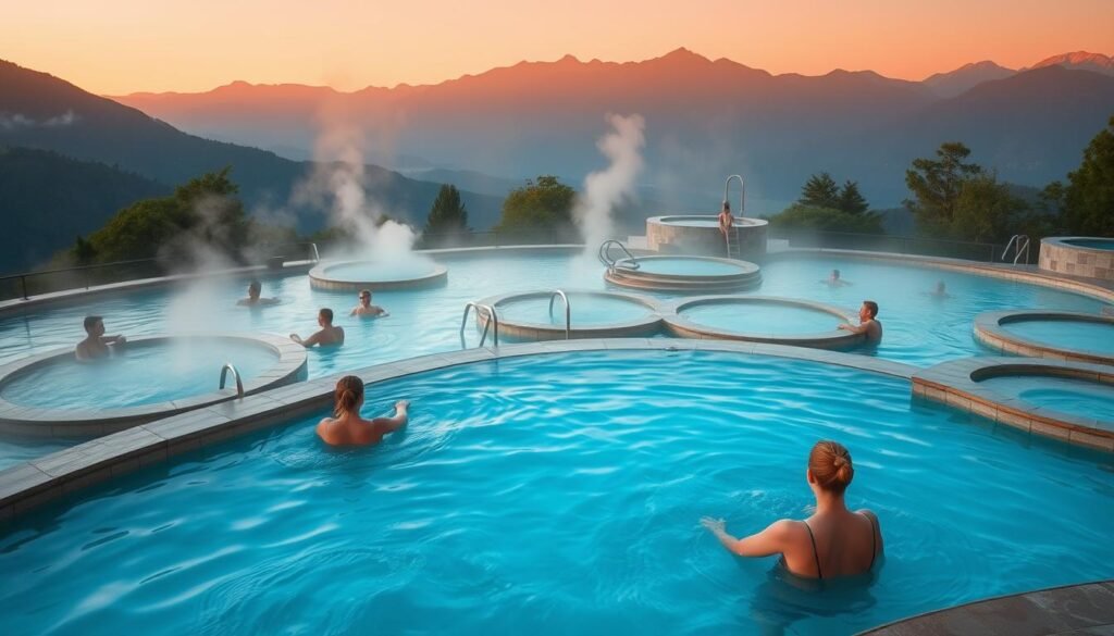 A serene hydrotherapy circuit spa set in a lush, verdant landscape. In the foreground, a tranquil pool with crystal-clear turquoise waters, steam gently rising. People immersed in the soothing waters, experiencing the therapeutic benefits of hydromassage and thermal relaxation. The middle ground features various hydrotherapy stations, such as whirlpool baths and cold plunge pools, surrounded by natural stone and tile work. In the background, a backdrop of towering mountain peaks, bathed in warm, golden-hour lighting that casts a calming glow over the entire scene. The atmosphere exudes a sense of rejuvenation, wellness, and escape from the stresses of everyday life.