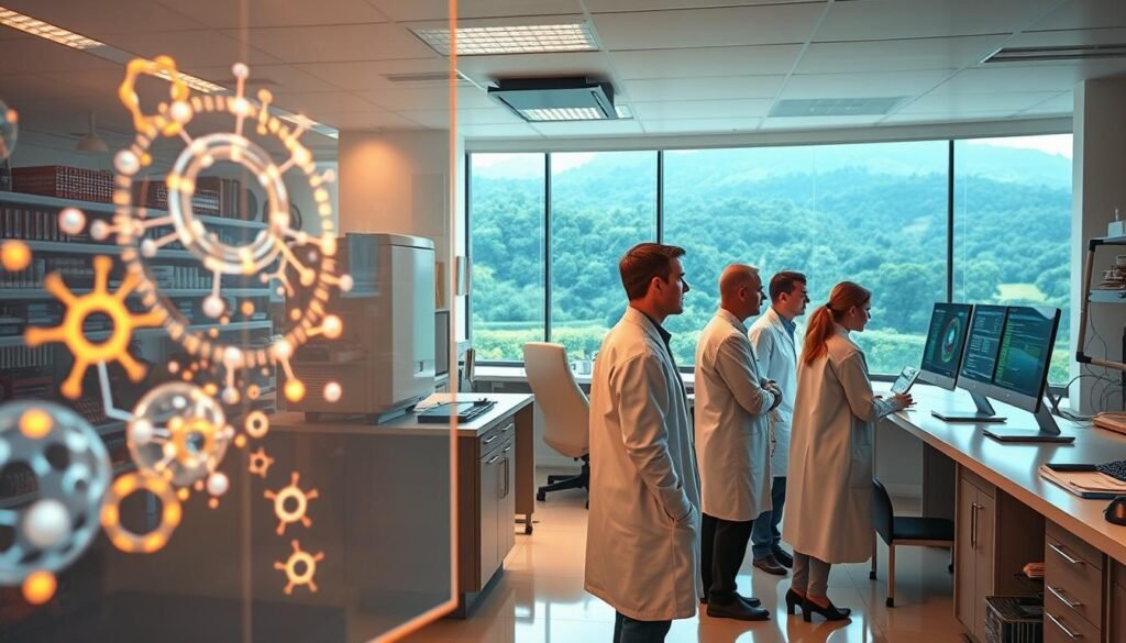 A serene laboratory setting, filled with gleaming scientific instruments and cutting-edge technology. In the foreground, a holographic display showcases intricate molecular models, hinting at the latest advancements in longevity research. The middle ground features a team of researchers in sterile white coats, deep in contemplation as they study data readouts on sleek, futuristic screens. In the background, a panoramic window reveals a lush, verdant landscape, symbolizing the harmonious integration of nature and technology. Warm, diffused lighting casts a hopeful glow, conveying the promise of groundbreaking innovations that may one day extend the human lifespan.