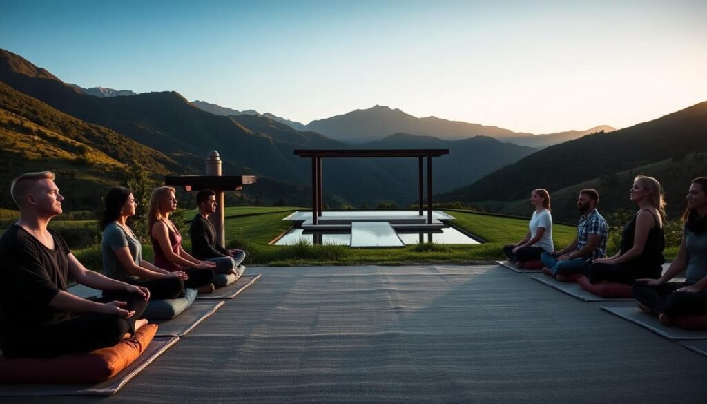 A serene meditation retreat nestled in lush, verdant hills. In the foreground, guests sit cross-legged on plush cushions, eyes closed in deep contemplation, their faces radiating tranquility. A middle ground showcases a minimalist, zen-inspired pavilion surrounded by a tranquil pond, its surface reflecting the azure sky. In the background, rolling mountains rise, their peaks capped with a dusting of snow. Diffused, golden-hour lighting casts a warm, soothing glow over the entire scene. The atmosphere is one of profound stillness and inner peace, perfectly capturing the essence of a "quiet retreat" experience.