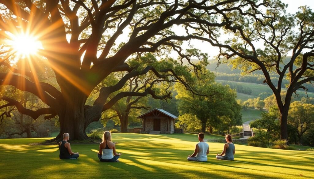 A serene meditation retreat nestled in the lush, rolling hills of the American heartland. Sunlight filters through the canopy of ancient oak trees, casting a warm, golden glow over the tranquil scene. In the foreground, a group of contemplative practitioners sits in lotus position, their eyes closed, their breath synchronized. The middle ground reveals a simple yet elegant structure, its natural wood and stone facade blending seamlessly with the surrounding landscape. In the distance, a scenic trail winds through the verdant foliage, inviting visitors to explore the restorative power of this peaceful sanctuary. The atmosphere is one of deep tranquility, mindfulness, and a profound connection to the natural world.